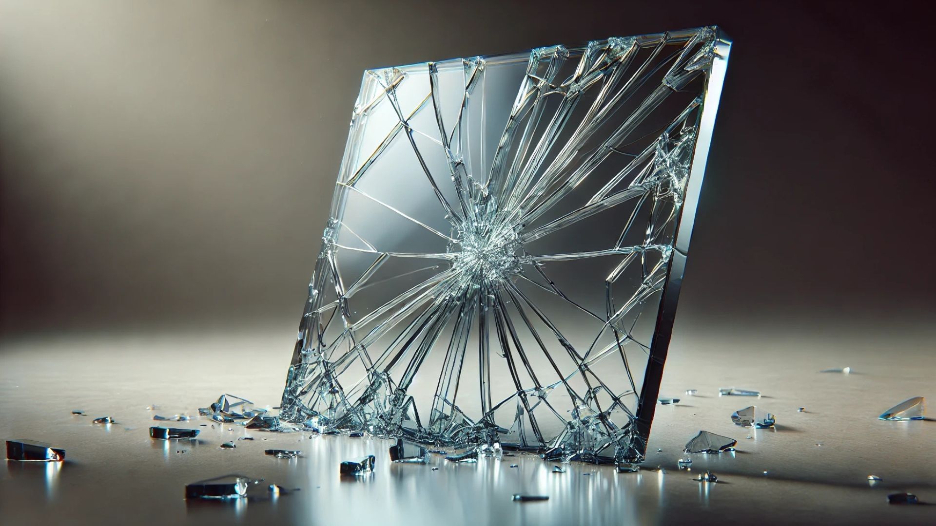 Cracked square pane of glass, shards on a reflective surface.