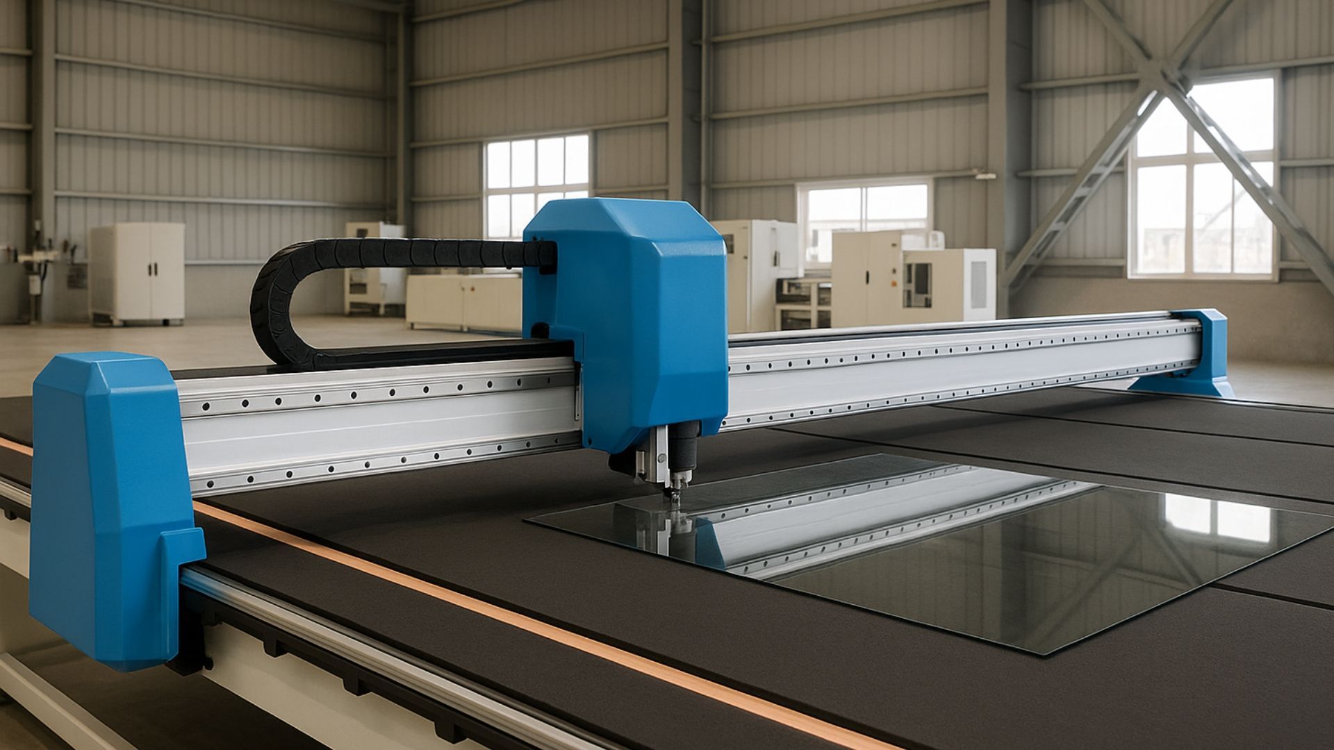 A glass cutting machine in a factory. The machine is blue and gray, positioned over a glass sheet.