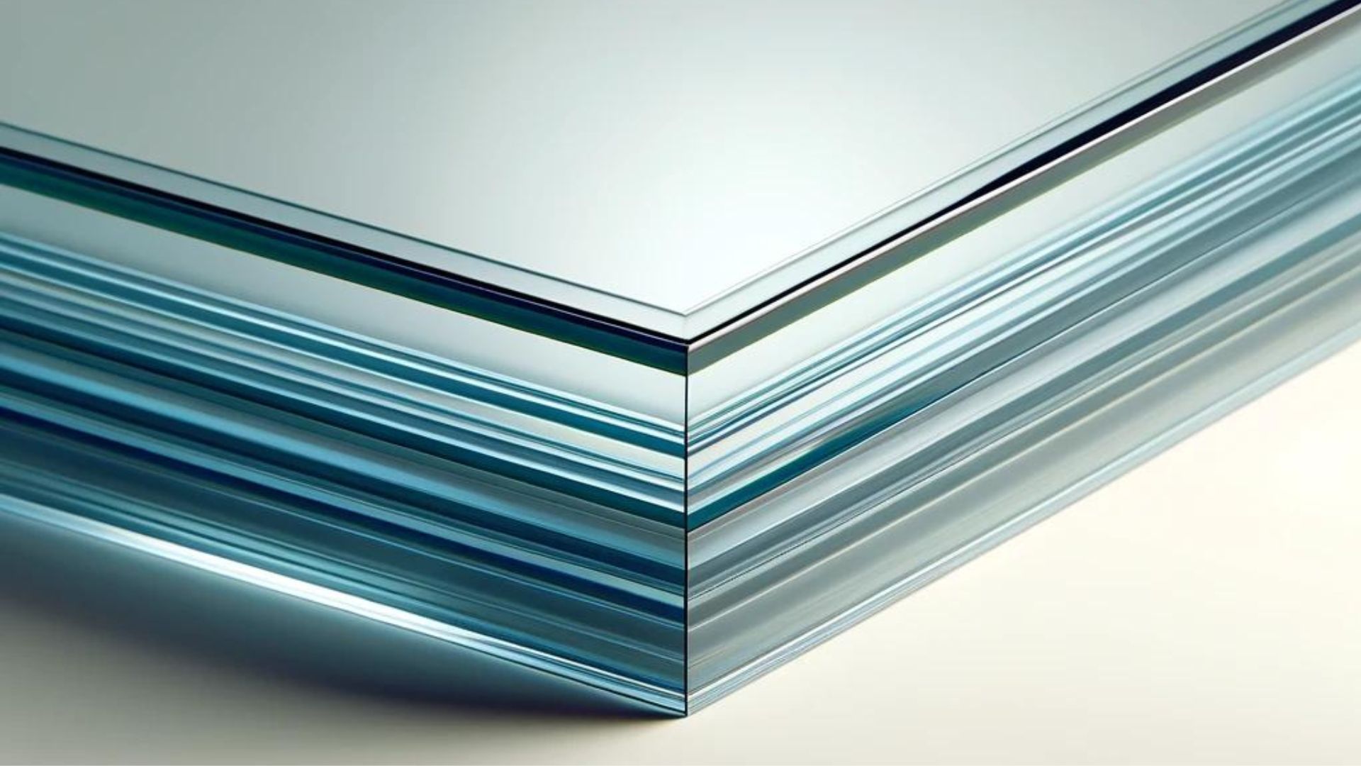 Stack of glass sheets, showing edges, with blue and silver hues.