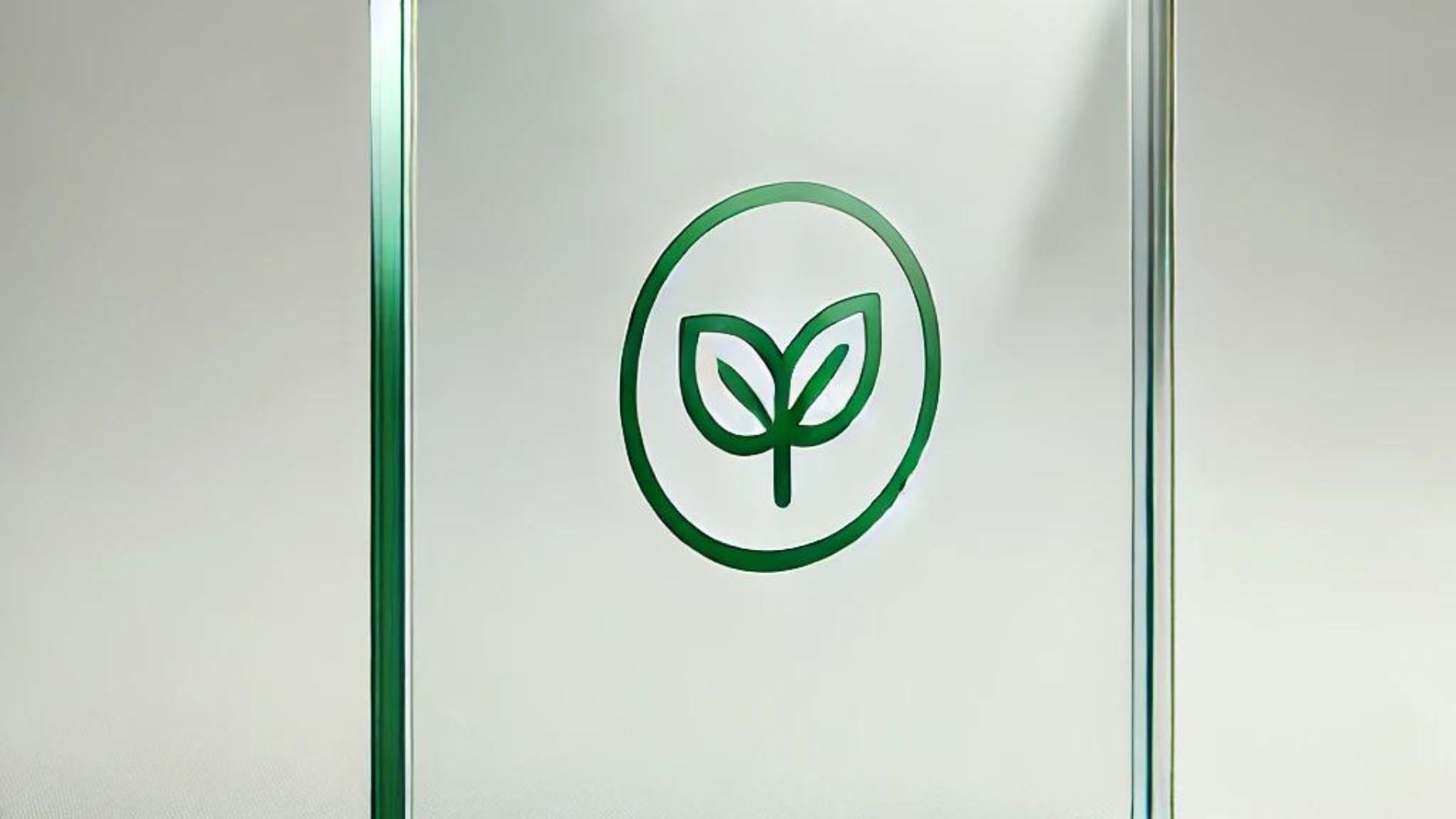 Green leaf logo inside a circle on a frosted glass door.