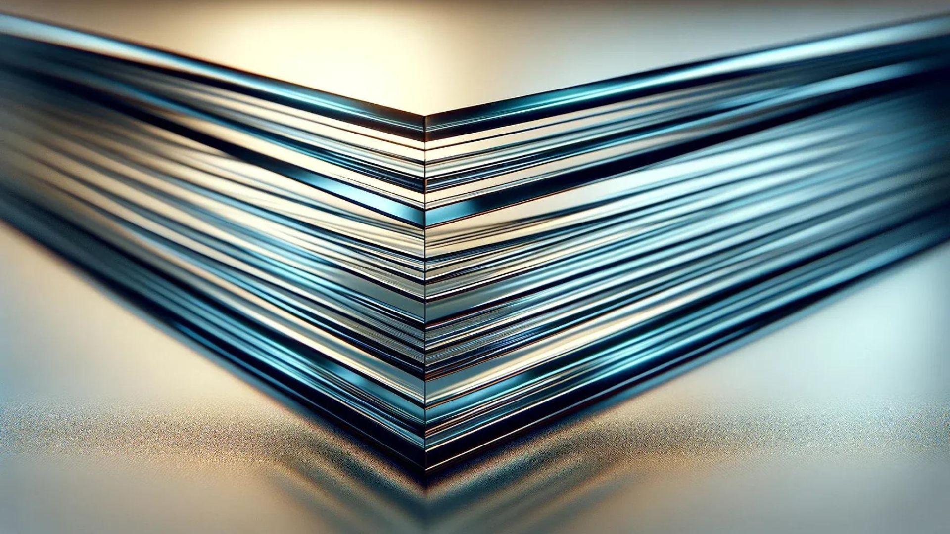 Stack of metal sheets, V-shaped, angled toward the viewer, in cool blue and silver tones.