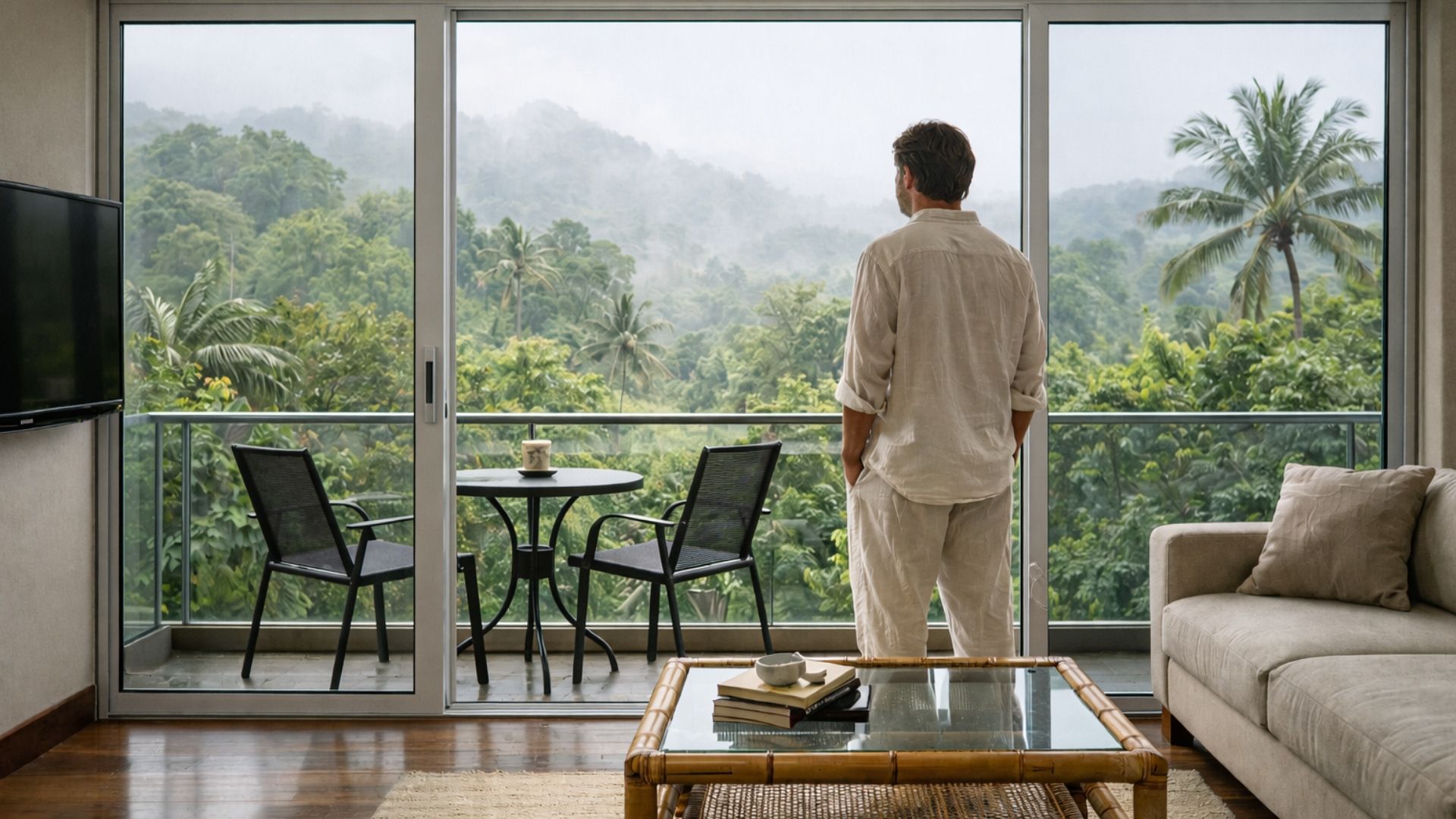 Man looking out at a lush, tropical landscape from a balcony.