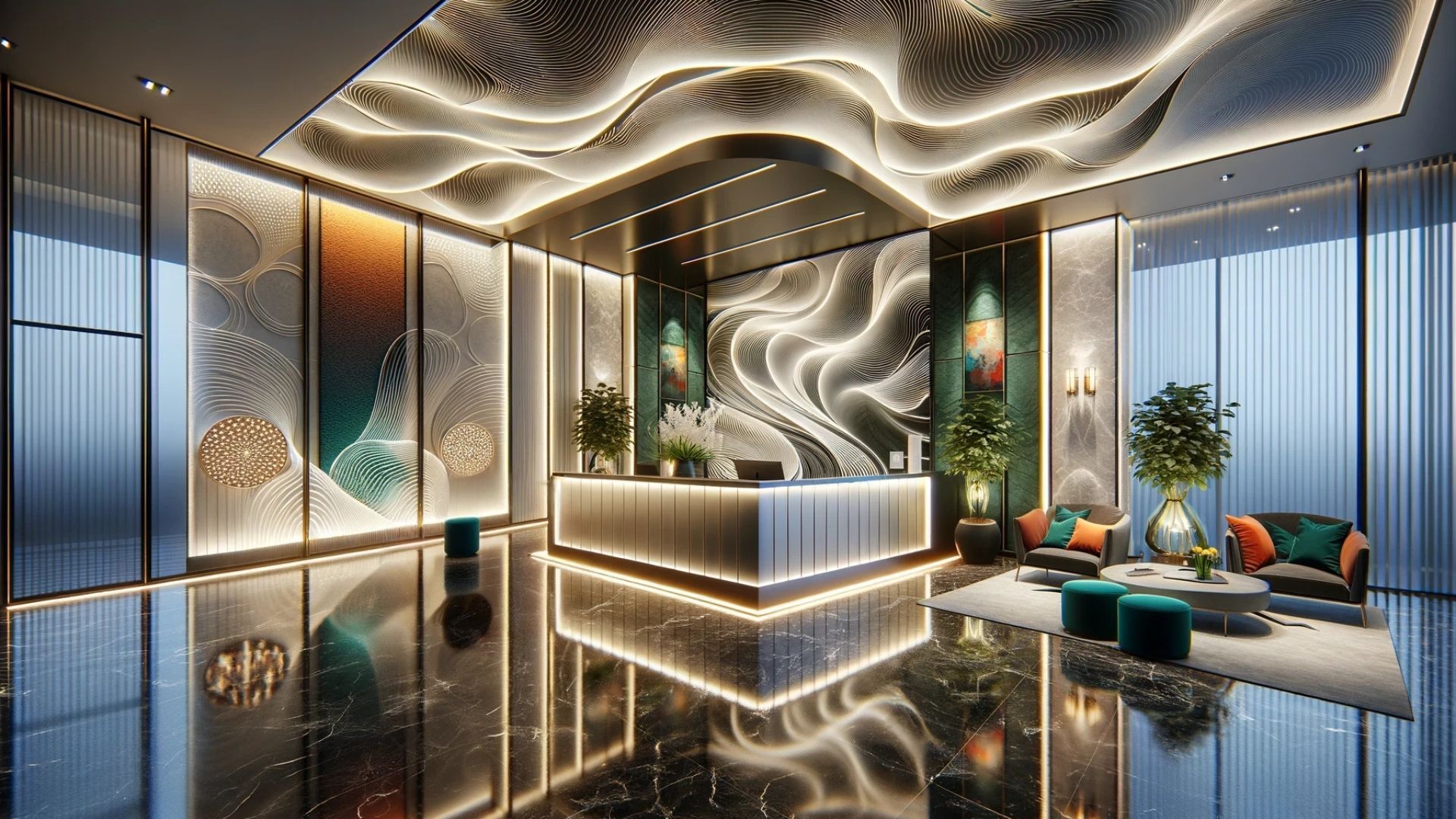 Luxurious hotel lobby with glowing ceiling, reflective floor, and ornate accents.