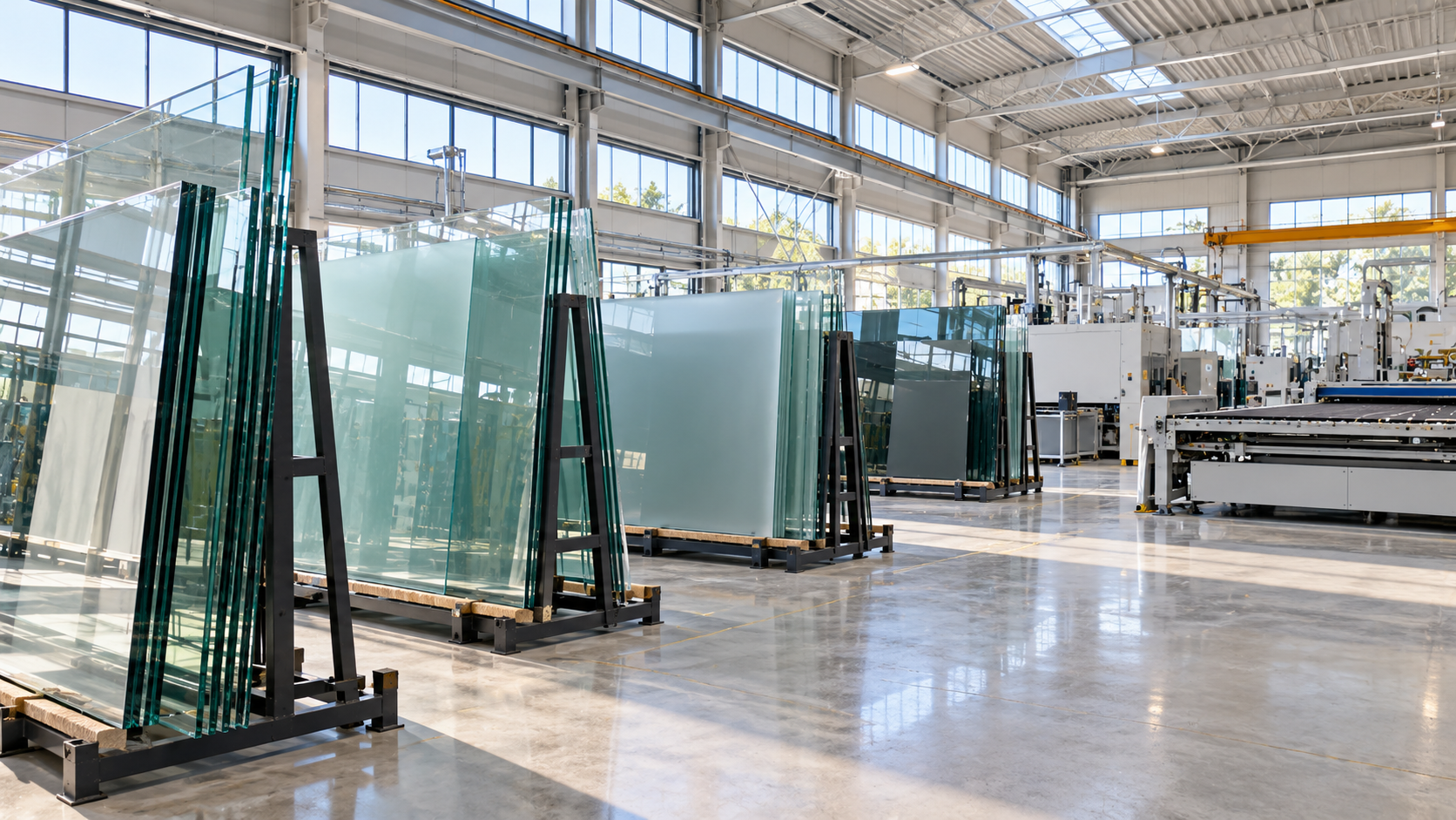 Glass panels stacked on pallets inside a warehouse aisle with bright daylight from open doors