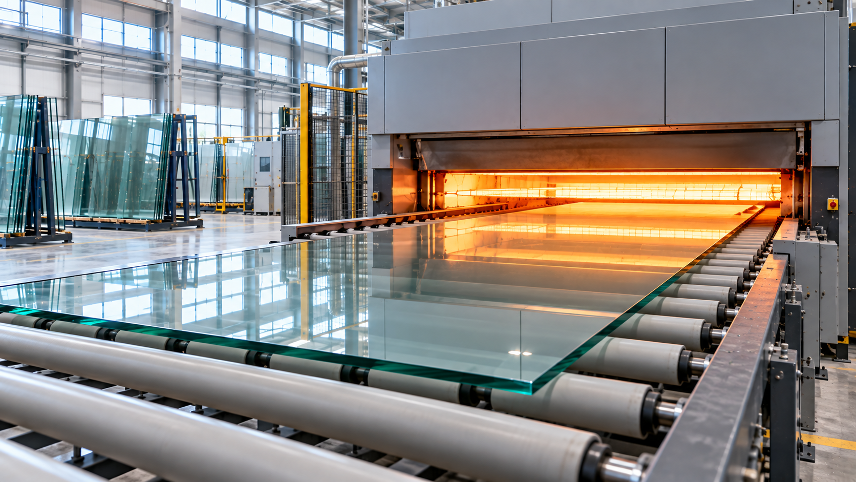 Industrial glass production line with orange-lit furnace and large glass sheets on rollers