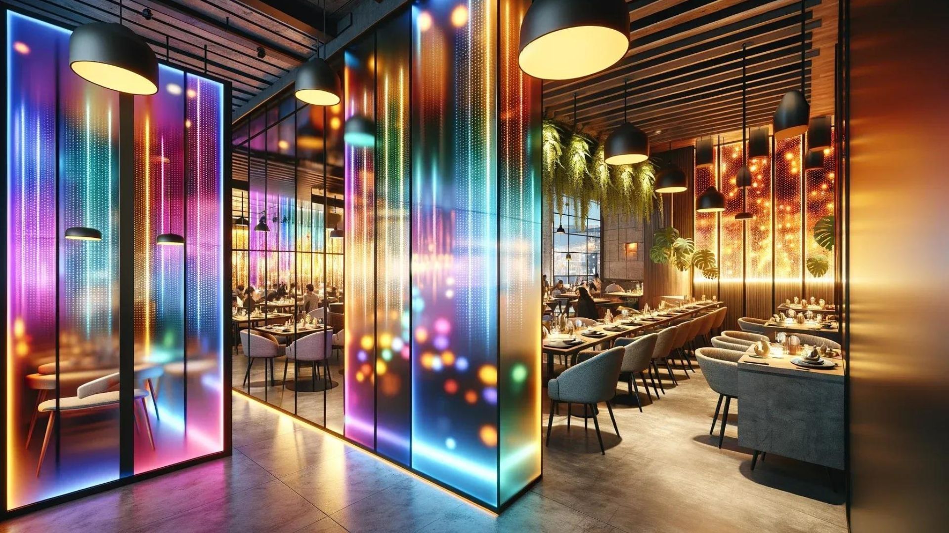 Colorful restaurant interior with illuminated dividers, tables, and ambient lighting.