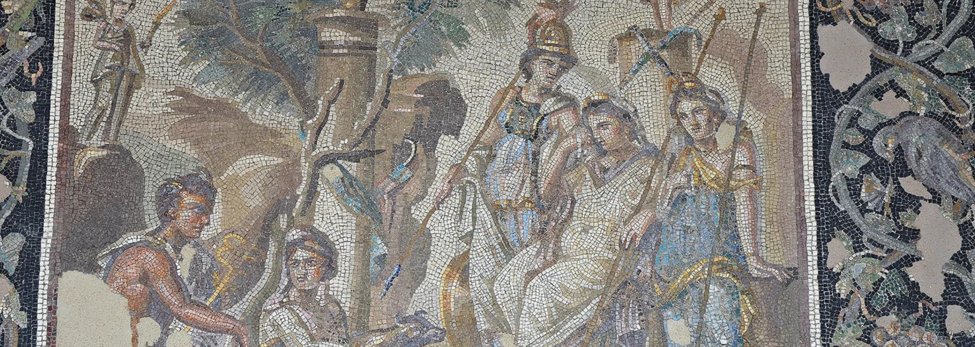 Mosaic artwork depicting figures in a classical setting.