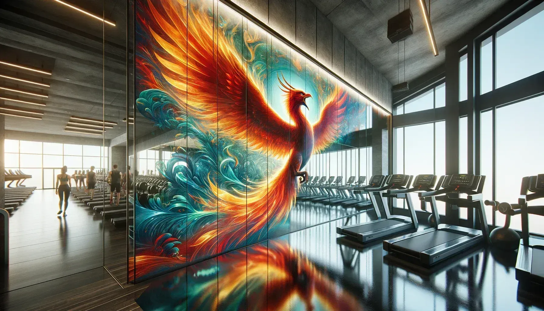 Modern hallway with glass walls beside a colorful swirling abstract mural or sculpture