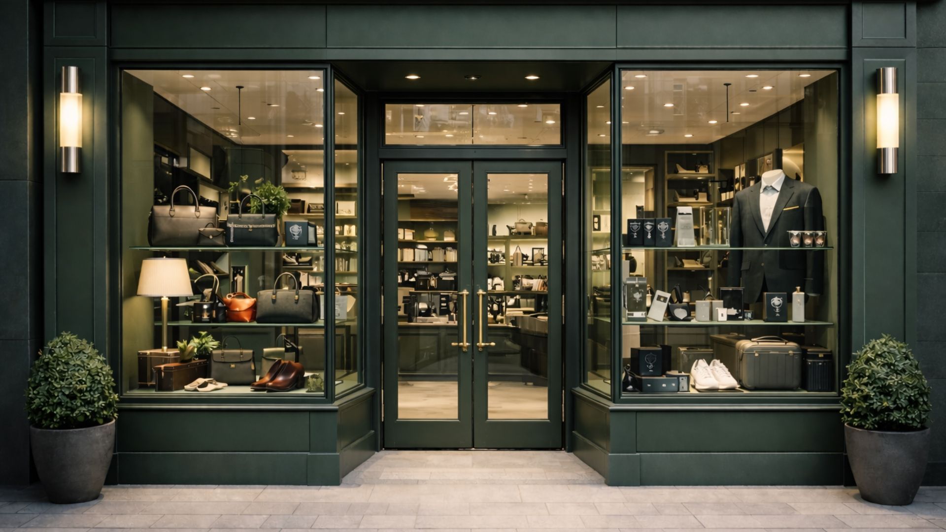 Green-framed shop facade with glass windows and door, showcasing men's accessories.