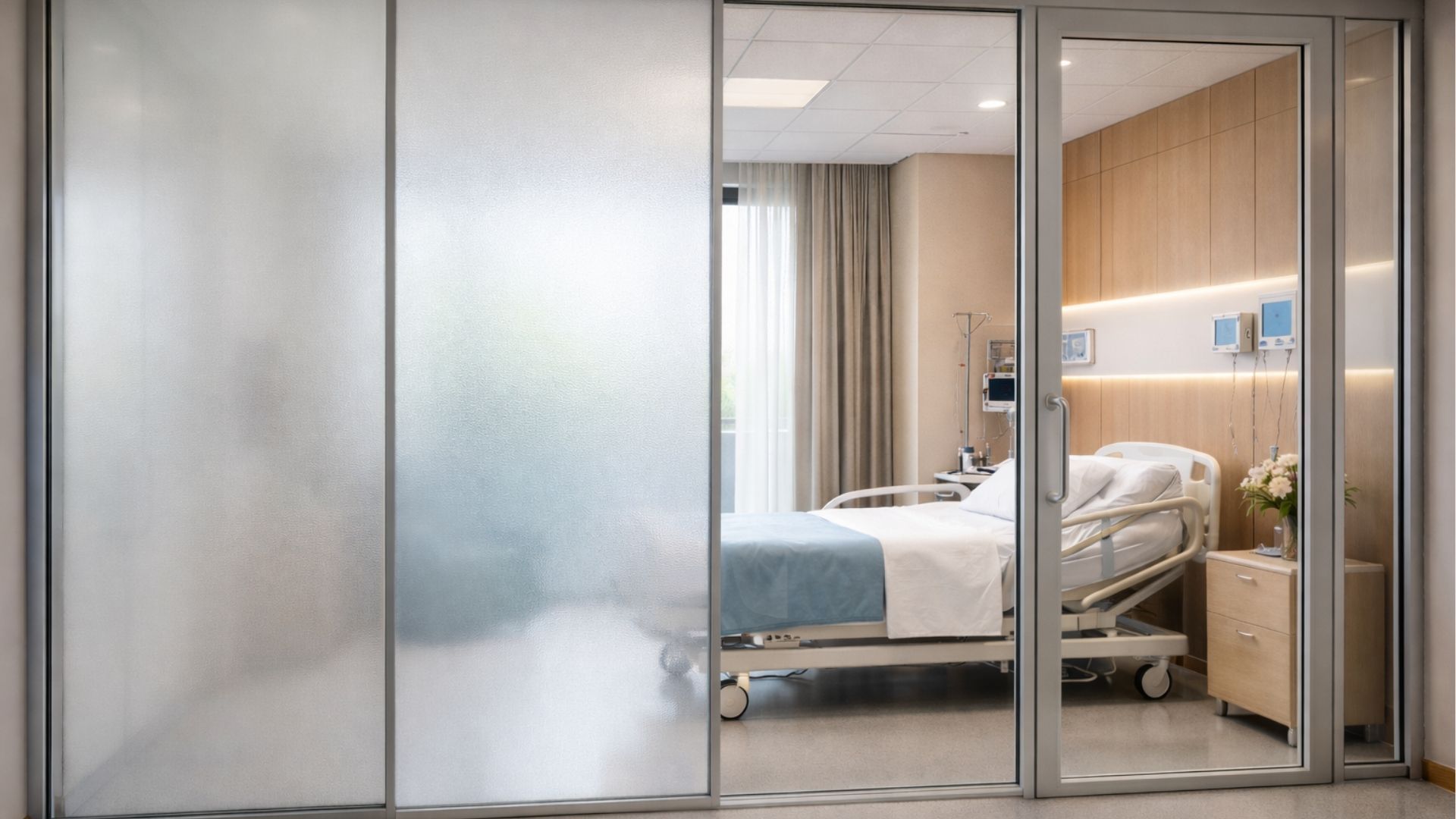 Hospital room with bed, frosted sliding door, and wood paneling.