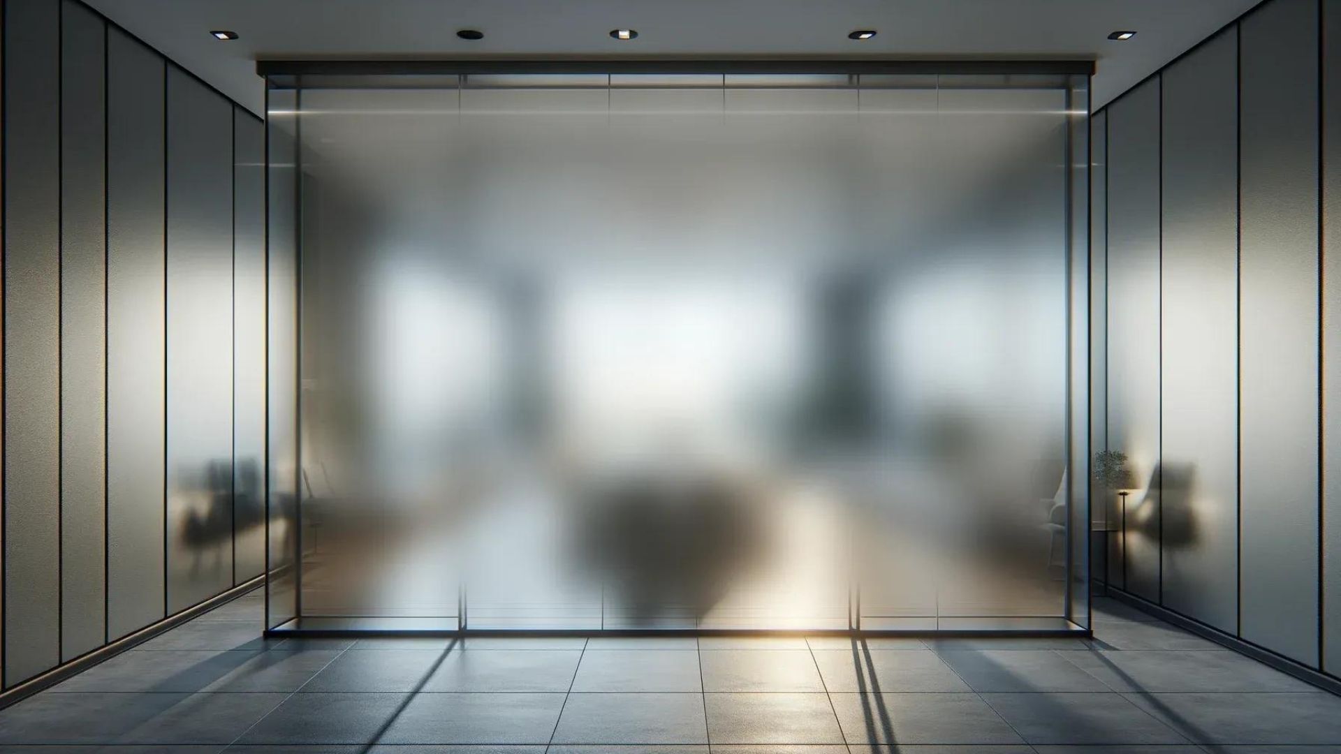 Frosted glass office wall with a blurred interior, illuminated by overhead lights.