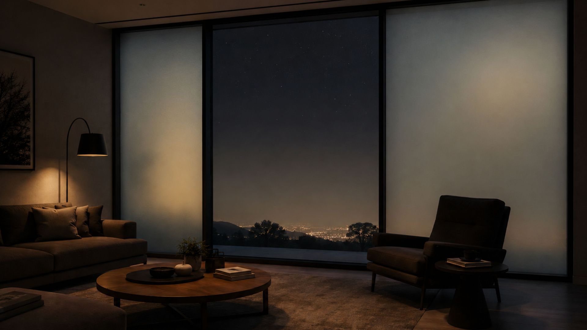 How can glass reduce light spill while preserving openness, energy efficiency and nighttime privacy?