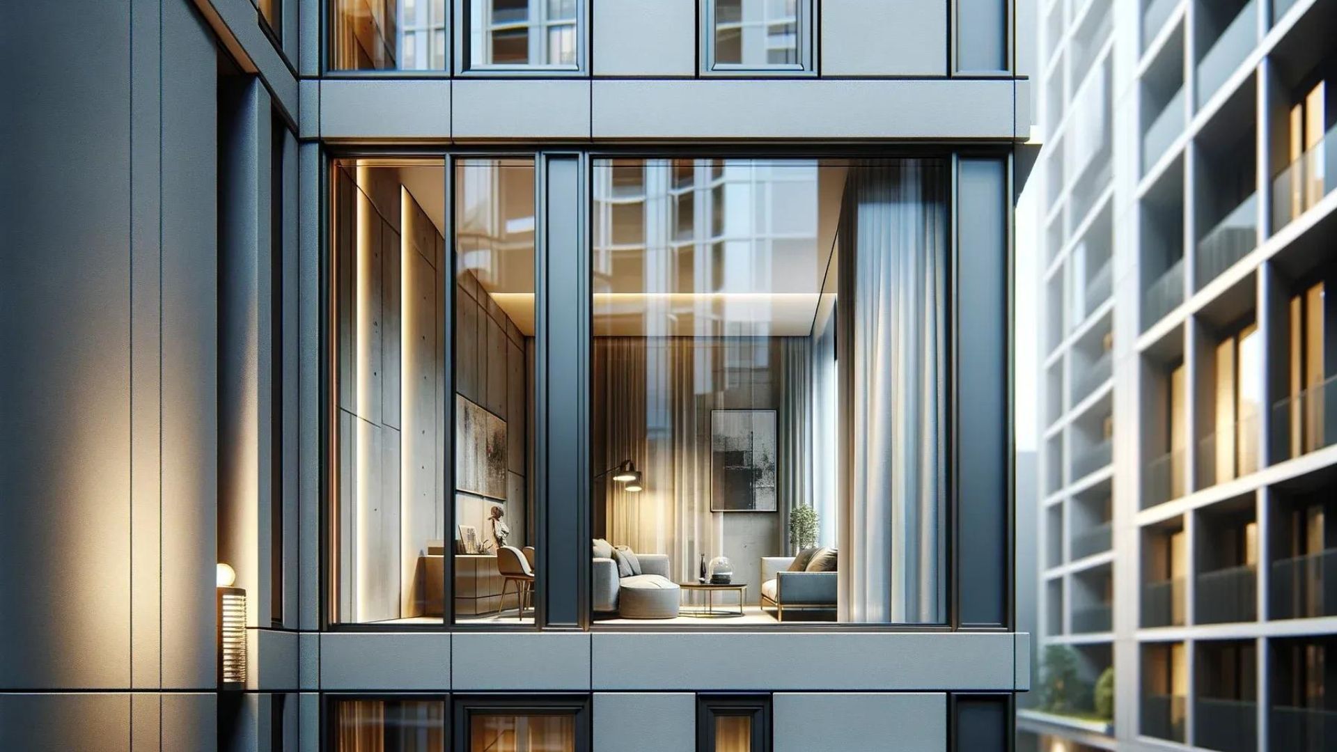 Modern apartment window showcasing an interior living space with furniture and curtains; surrounded by building facades.