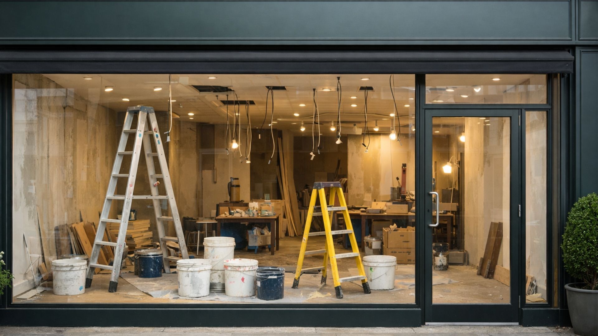Storefront under construction with ladders, paint buckets, and exposed wiring.