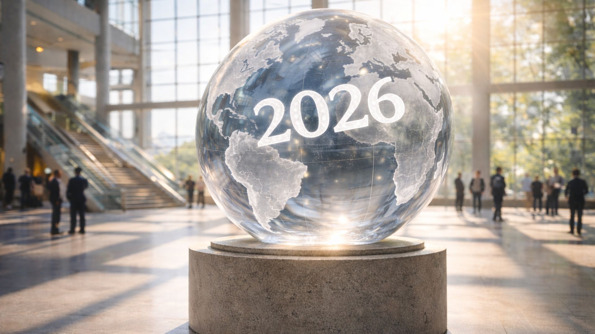 Globe with the year 2026 on it, in a modern building with people in the background.