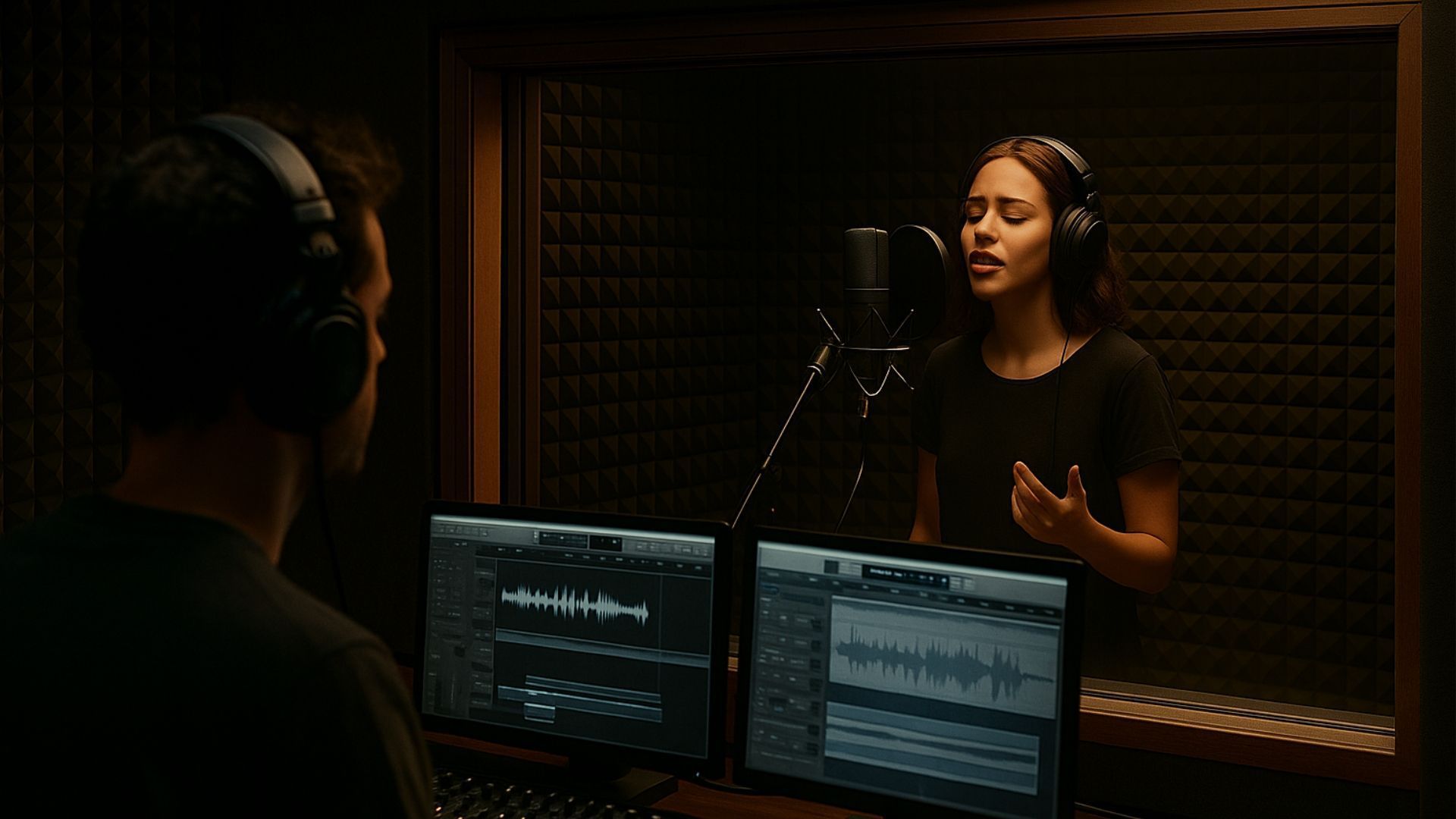Woman singing into a microphone in a recording studio; sound engineer monitors audio on computer screens.