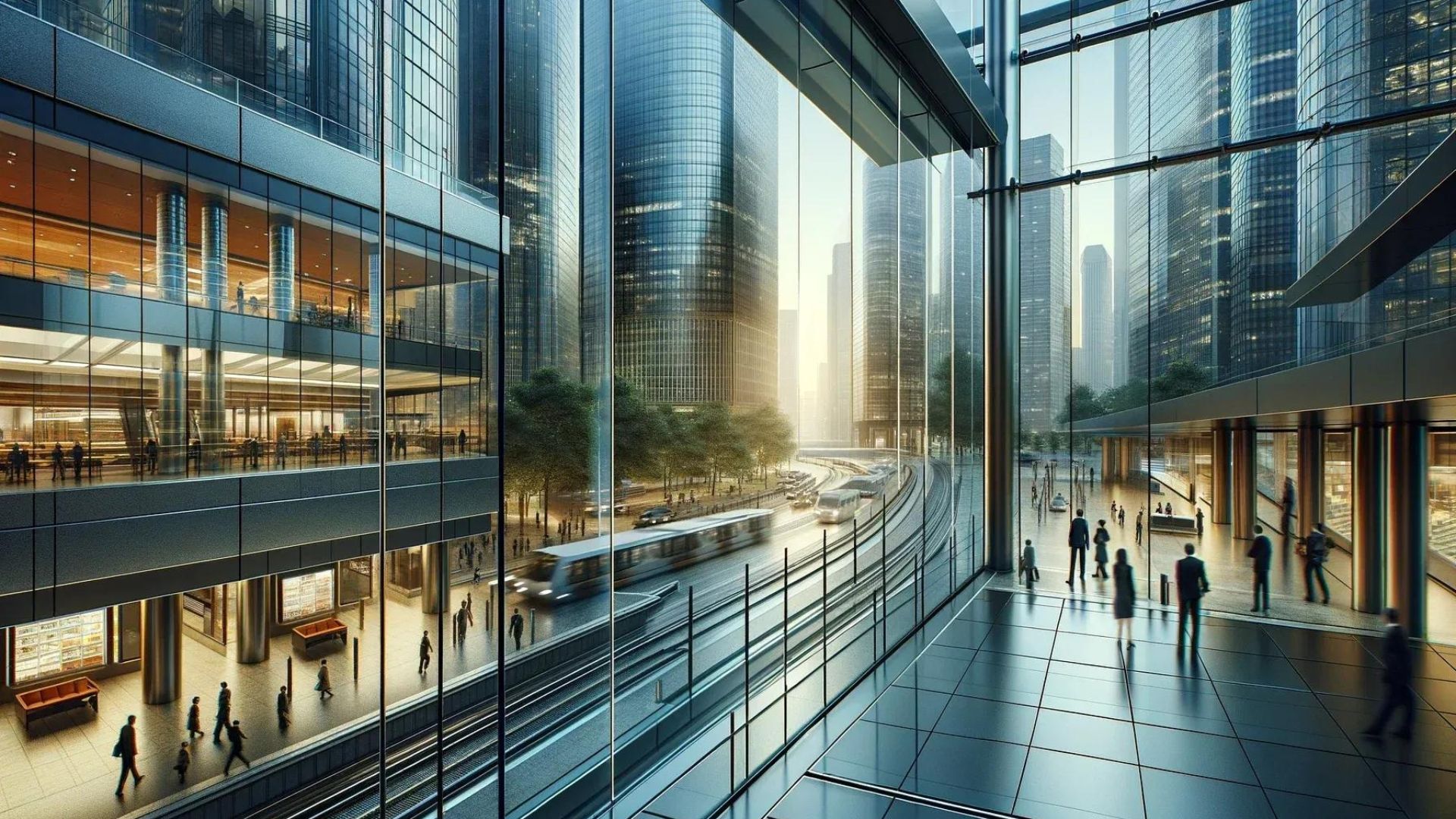 Modern cityscape viewed from inside a glass building, featuring skyscrapers, pedestrians, and a light rail.