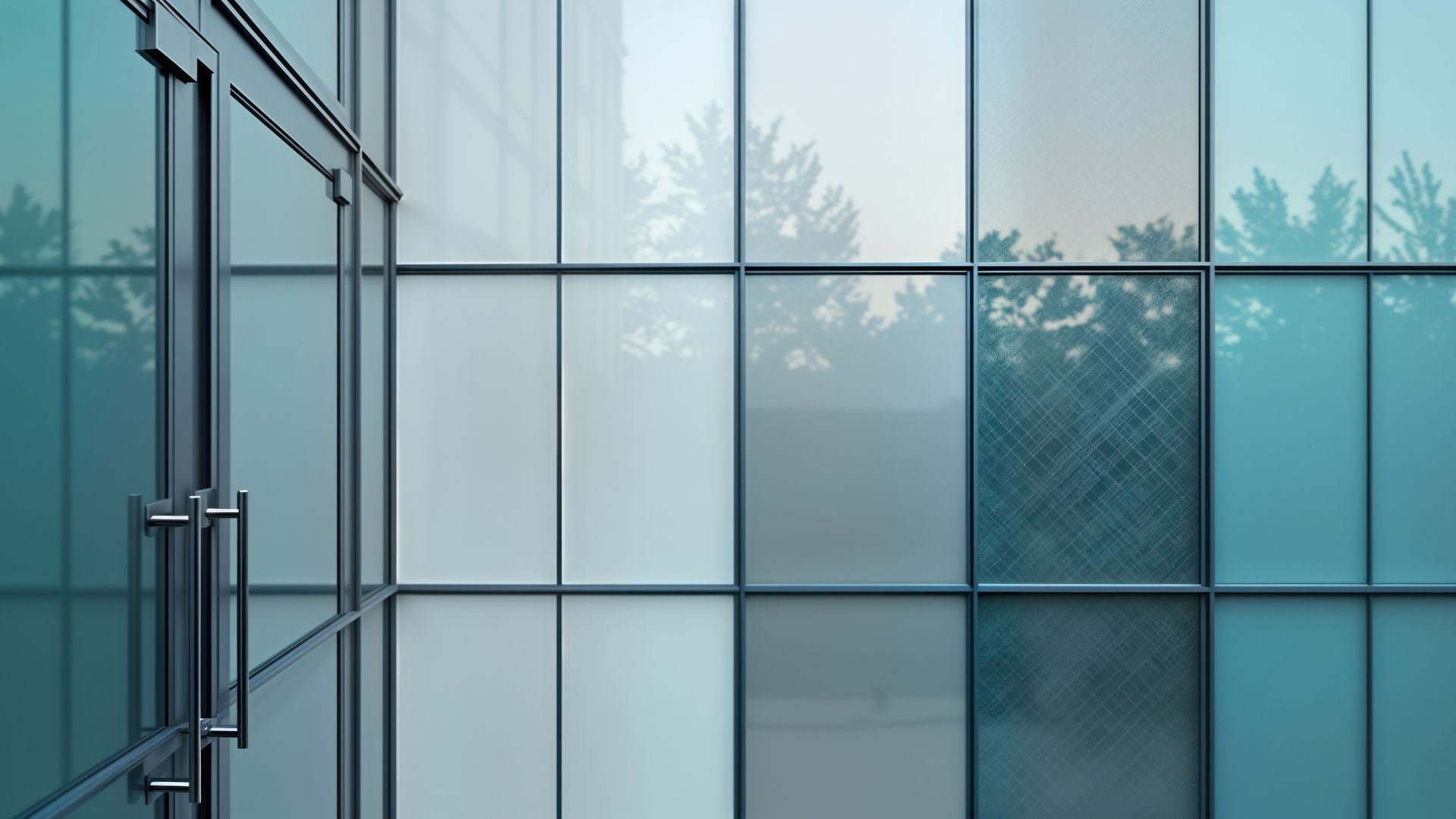 Glass building facade with reflections of trees and sky.