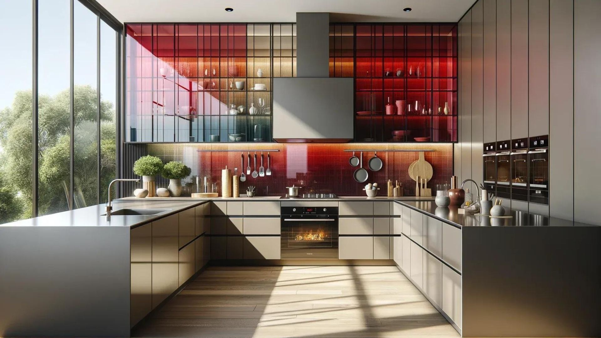 Modern kitchen with floor-to-ceiling windows. Features a colorful backsplash and gray cabinetry.