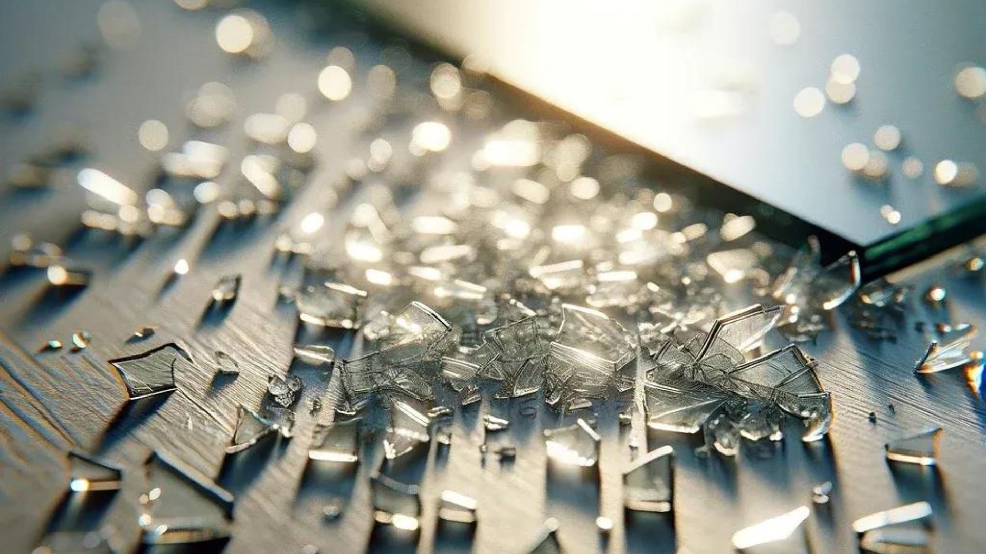 Shattered glass on a metallic surface, lit by bright light, showcasing sharp fragments.