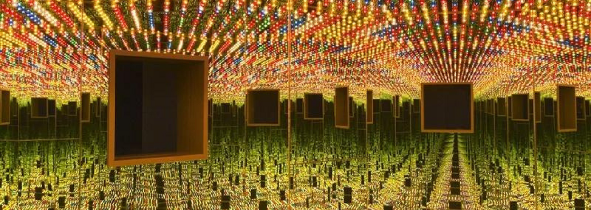 Square frames in a vibrant, mirrored space, illuminated by lines of colorful lights.