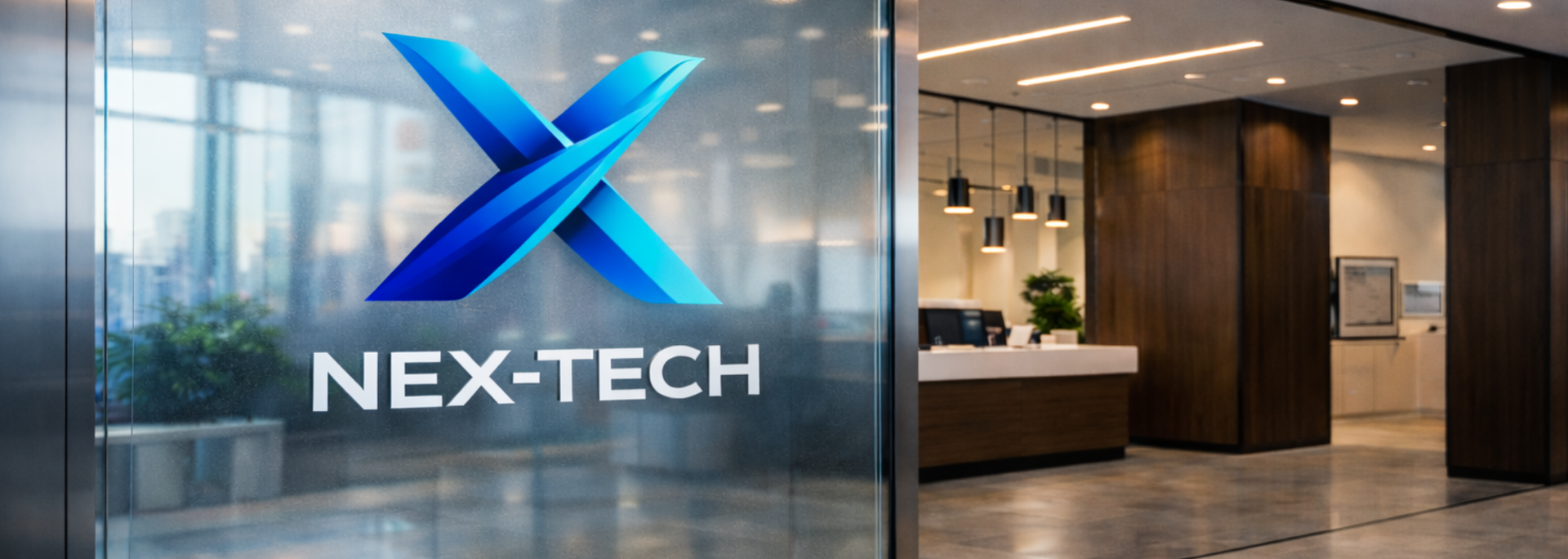 Nex-Tech logo on glass door with interior office in background, featuring a front desk and pillars.
