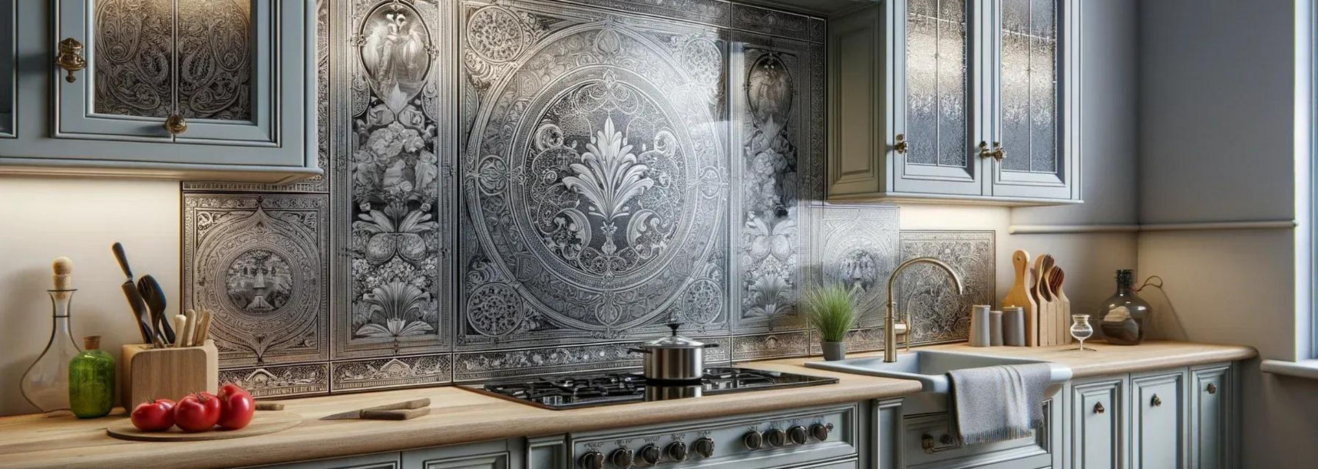 Kitchen with ornate backsplash, pale blue cabinets, and wooden countertops. Stove with pot, tomatoes, and utensils.