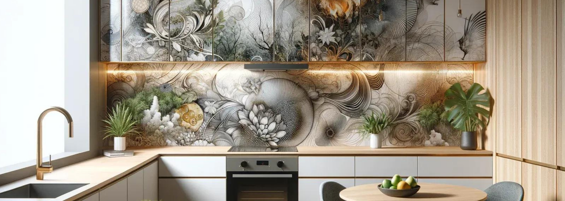Modern kitchen with floral backsplash, wooden cabinets, and a gold faucet. Plants add greenery.
