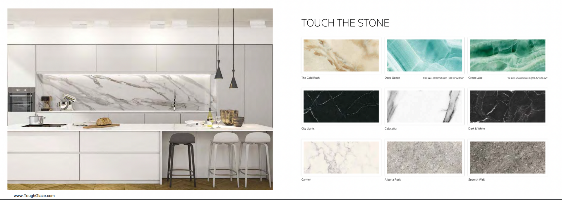 Modern kitchen with white cabinets, island, and marble backsplash; stone samples displayed.