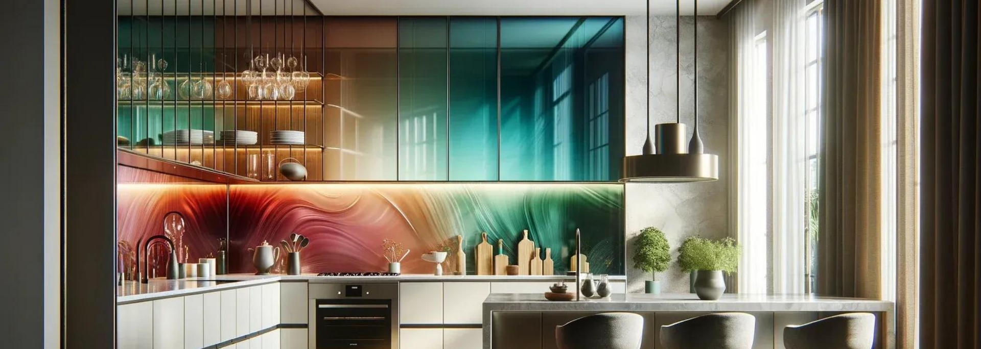 Modern kitchen with colorful, abstract backsplash and cabinetry. Island with bar stools, window with curtains.