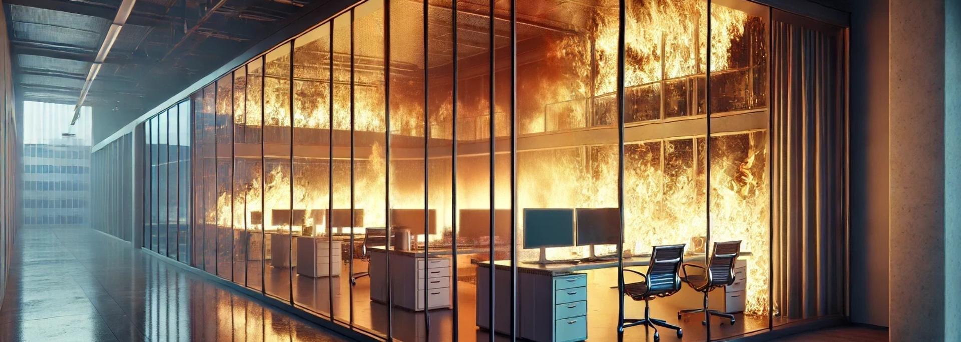 Modern open-plan office with glass partitions, desks, computers, and bright natural light.
