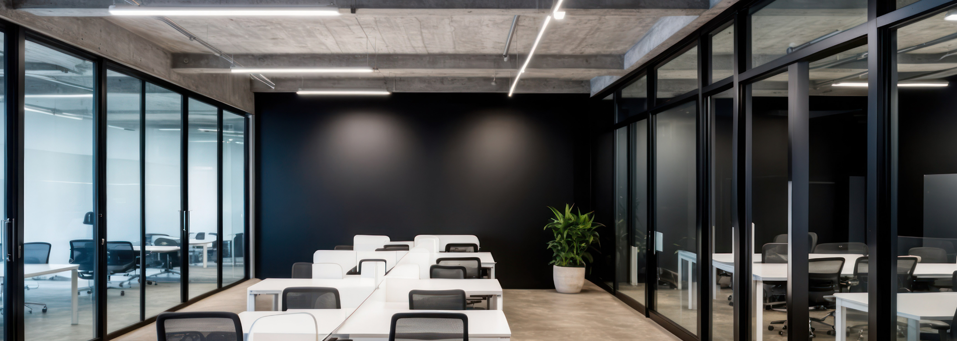 Modern office interior with glass walls, black walls, white desks, and a potted plant.