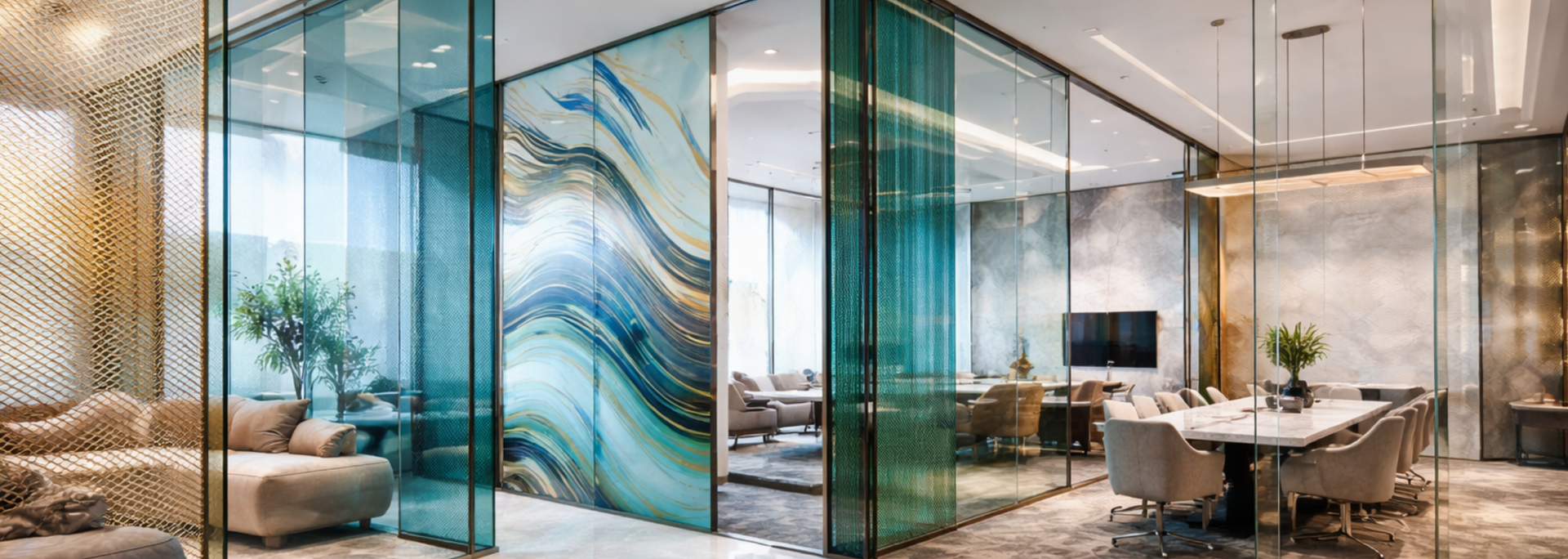 Modern office space with glass walls, conference table, and a waiting area with a sofa.