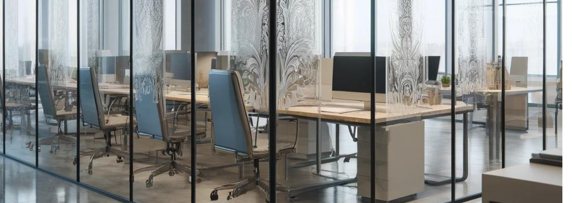 Office space with desks, chairs, and computers behind glass walls.