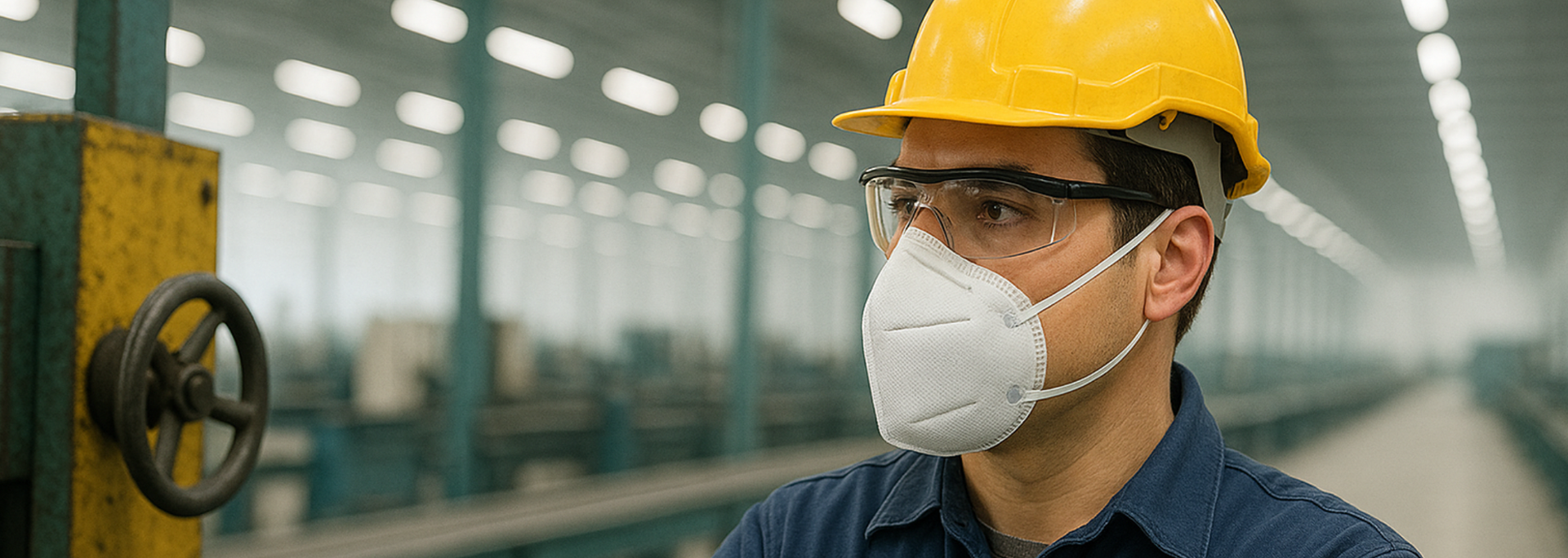 Worker in yellow hard hat, safety glasses, and face mask in a factory setting.