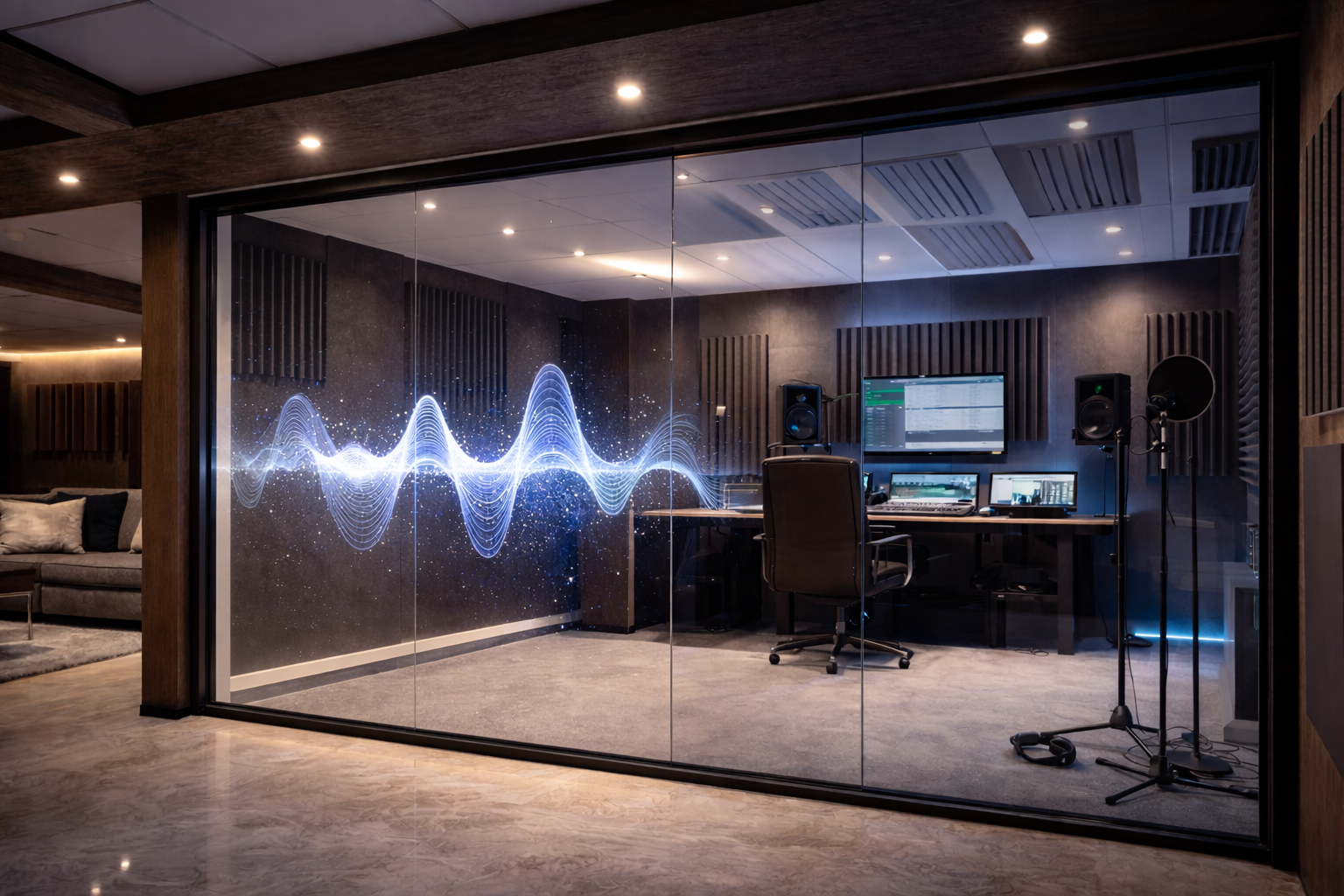 Glass recording studio with blue waveform visual on a dark wall, desk, monitors, and microphone stands