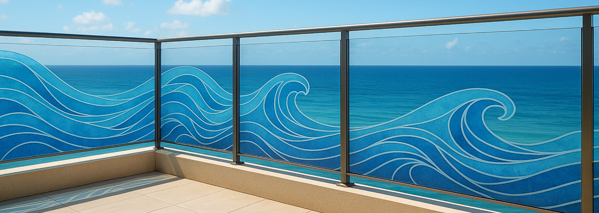 Ocean view from balcony with wave-decorated glass railing. Blue ocean and sky.