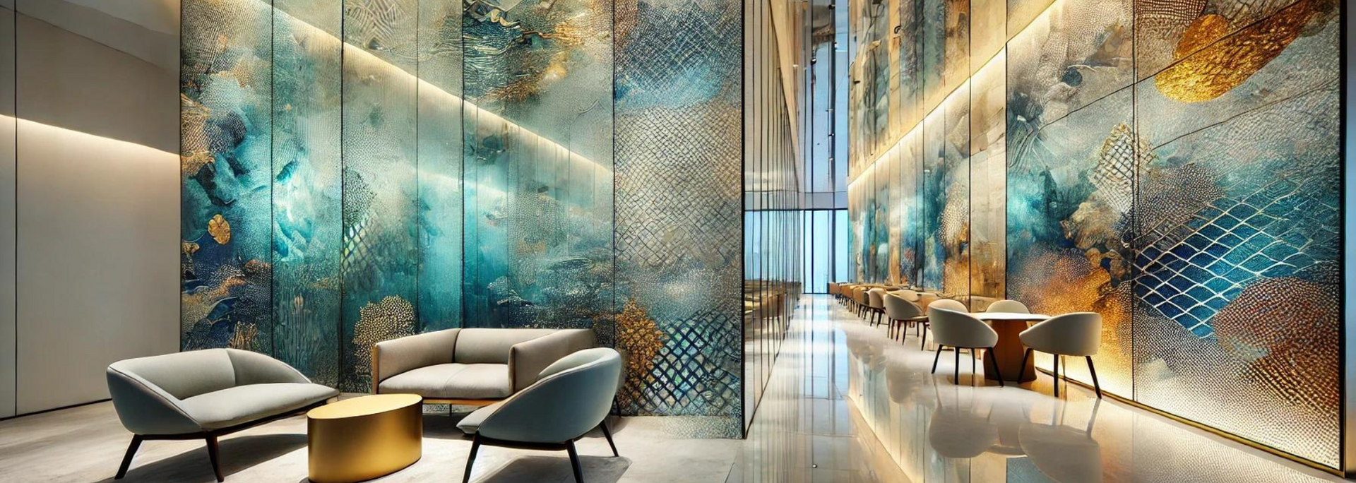 Modern interior with patterned wall, seating area with sofa and chairs, dining area with tables.