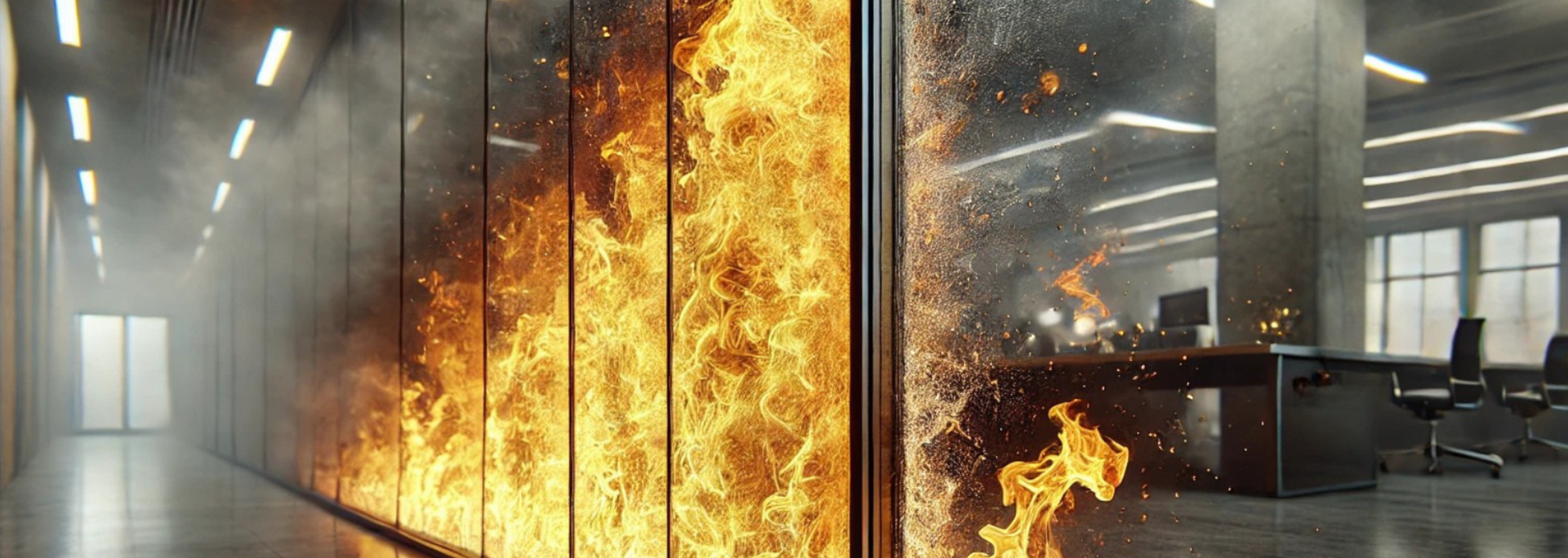 Fire engulfs a wall, viewed through a glass panel into an office. The interior is smoky, with desks and chairs.