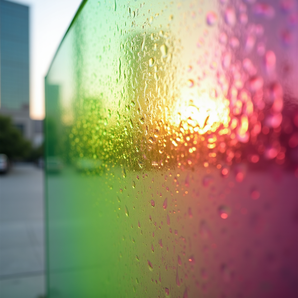 Modern hallway with glass walls beside a colorful swirling abstract mural or sculpture