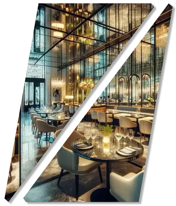 Elegant restaurant interior with gold lighting, tall windows, and tables set for dining