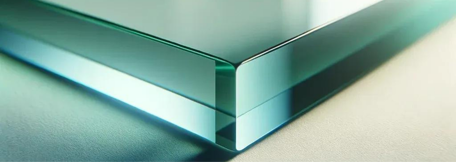 Close-up of layered glass with a rounded edge, showing the edge and a slight green tint.
