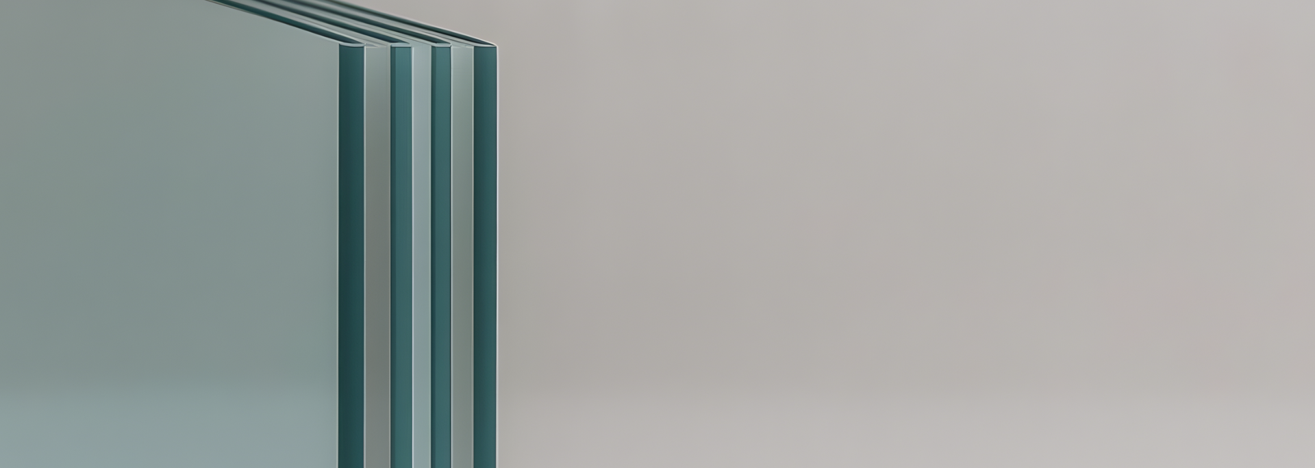 Stack of clear glass sheets against a light gray background.