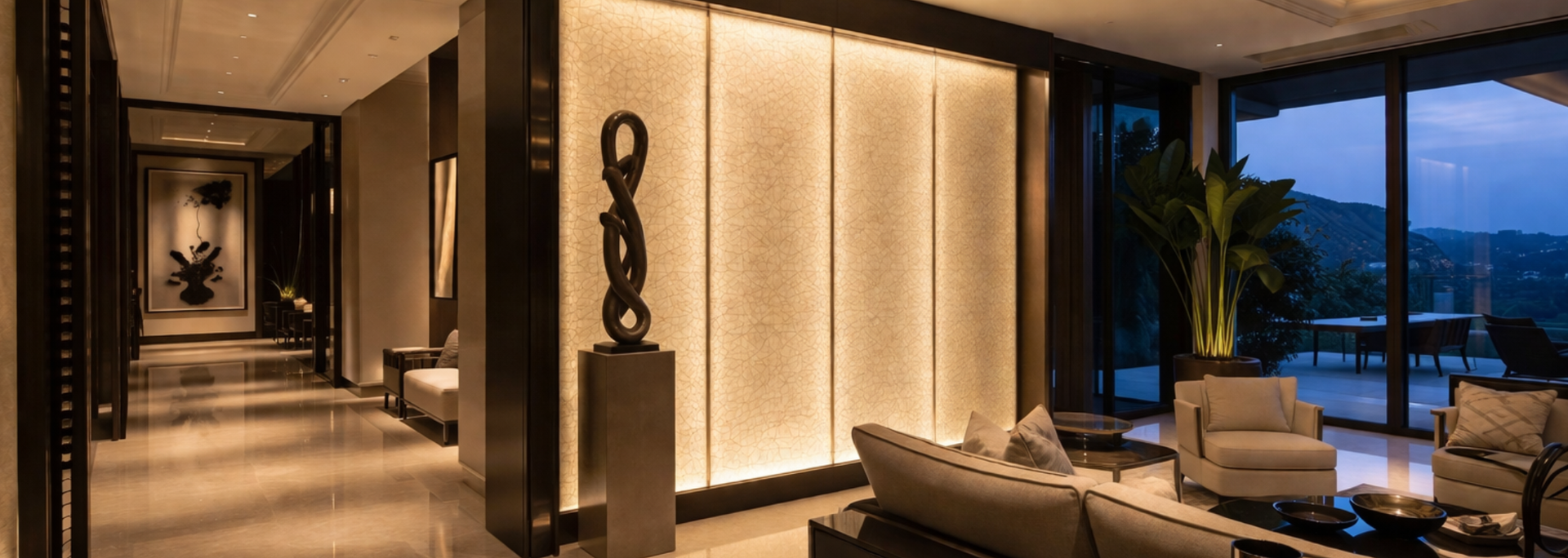 Picture of backlit mesh-laminated glass. 
