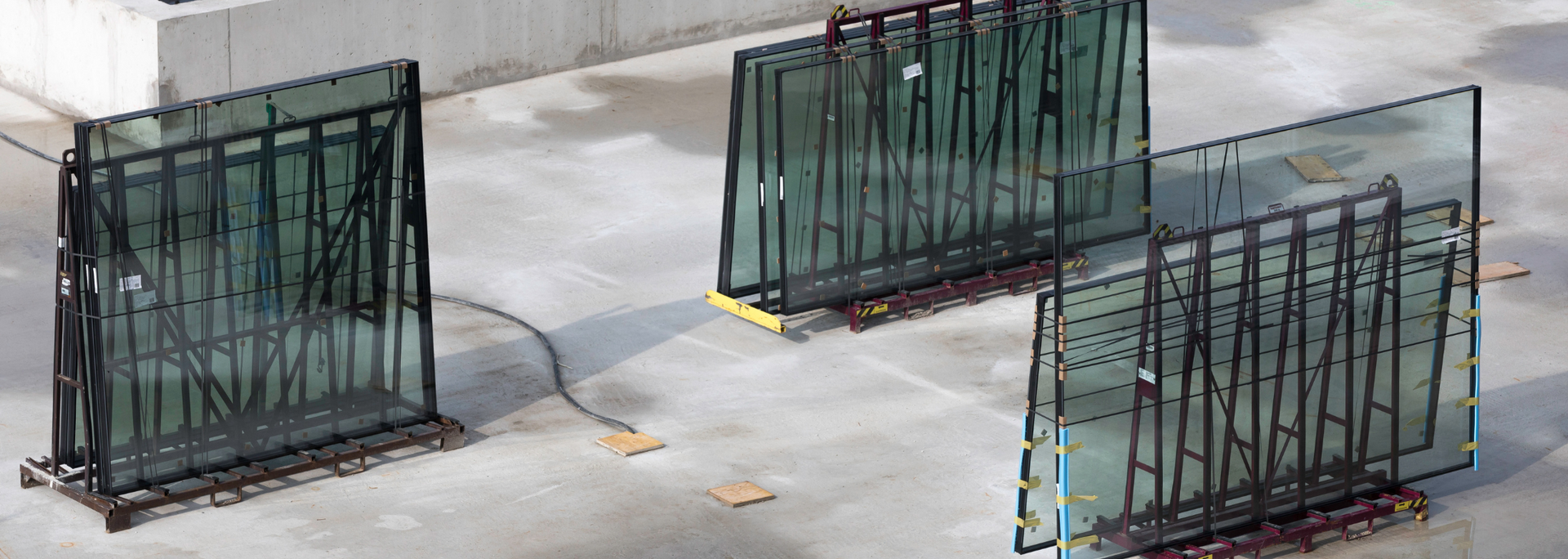 Several large panes of tinted glass in metal frames, arranged on a concrete surface.