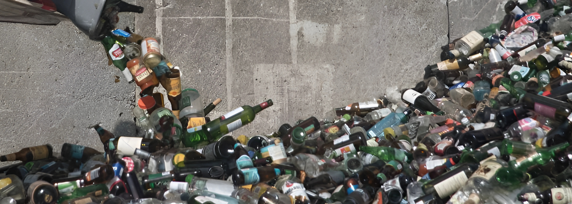 Bottles pouring out of a gray container onto a gray surface.