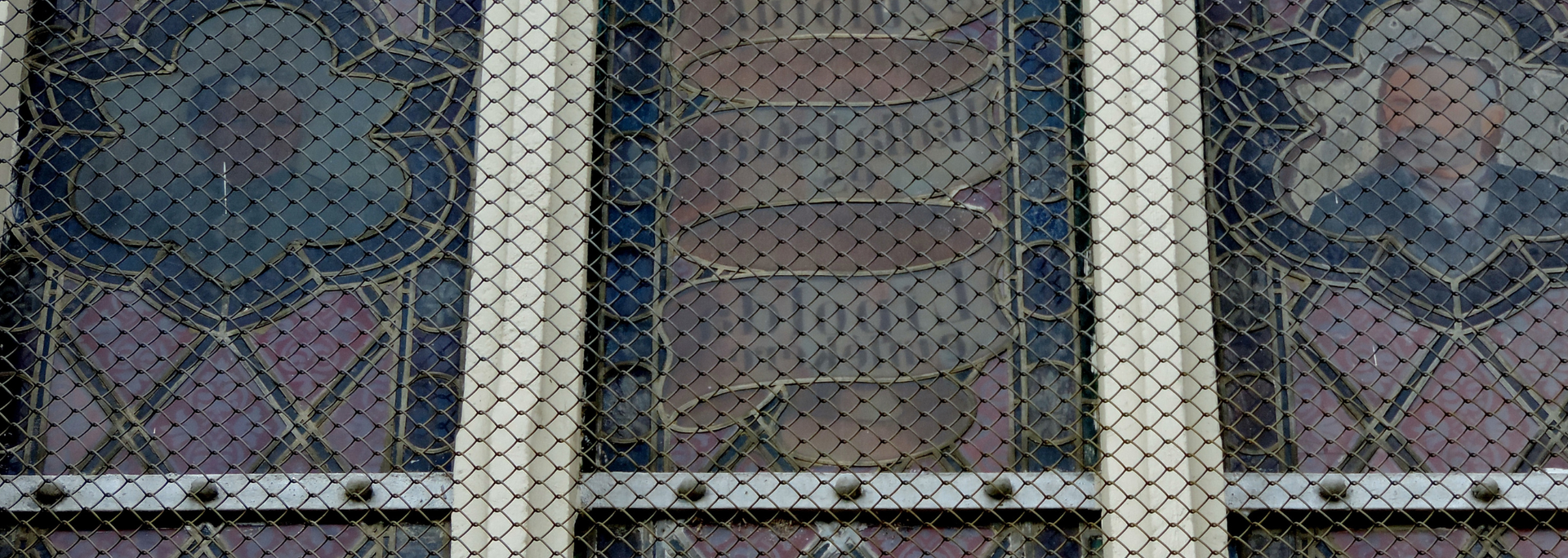 Picture of a protective mesh over stained glass. 
