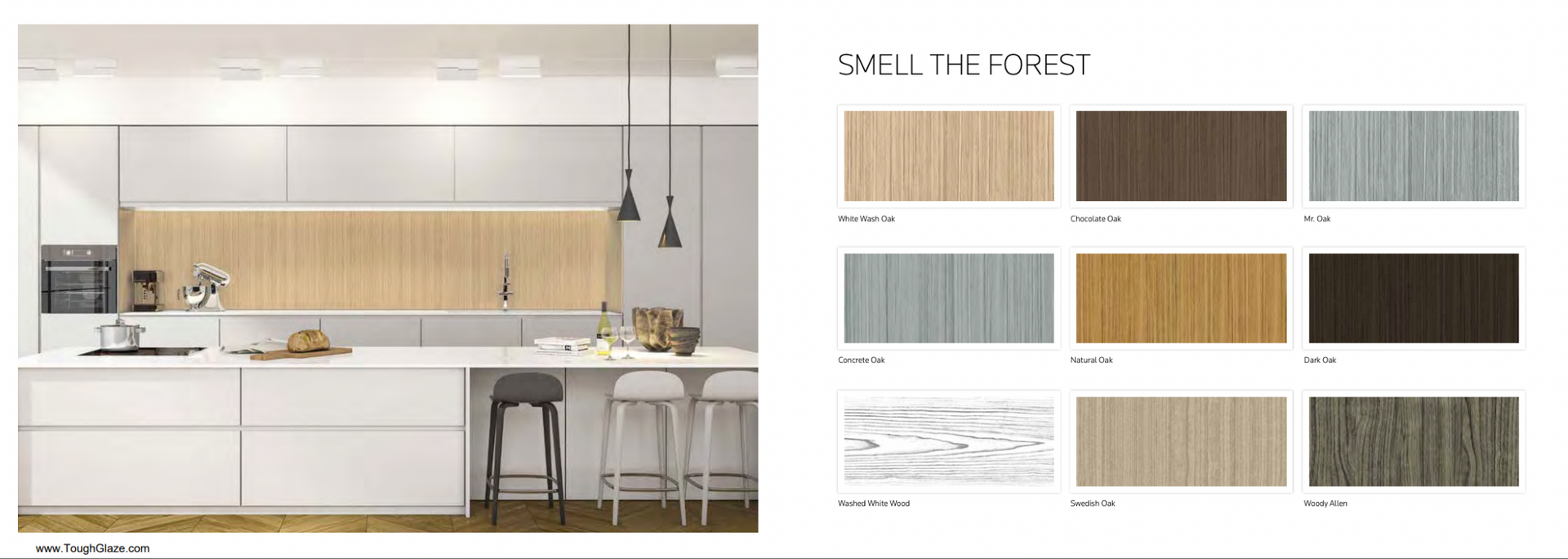 Modern kitchen with white cabinets, wooden backsplash, and color swatches.