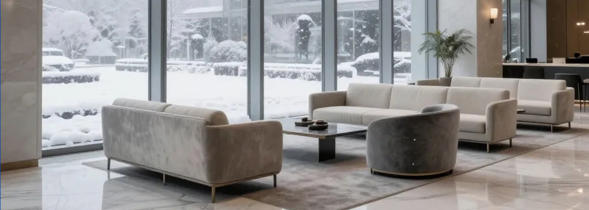 Picture of a snowy day outside an office lobby window. Picture of a snowy day outside an office lobby window.