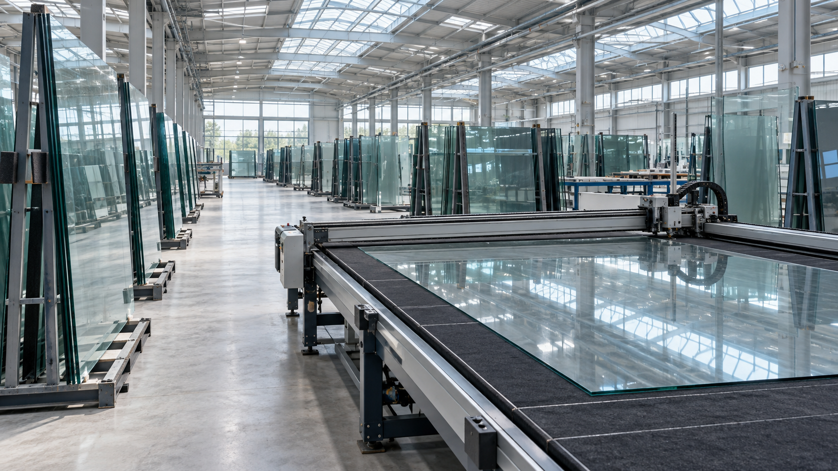 Glass panels stacked on pallets inside a warehouse aisle with bright daylight from open doors